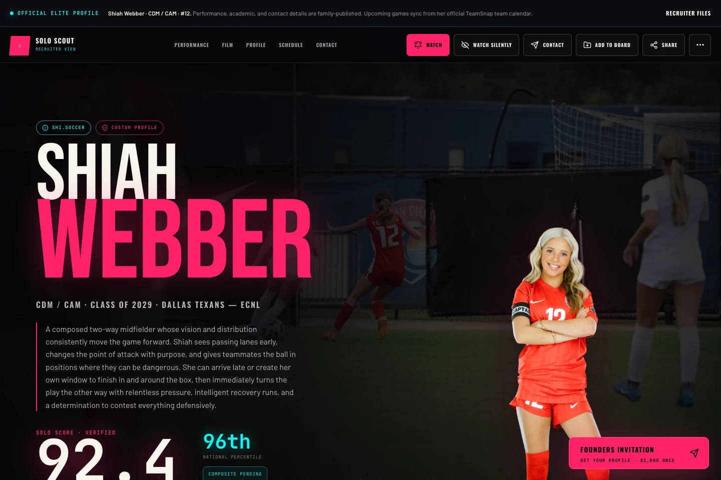 Actual SOLO Elite profile showing Shiah’s film, performance, schedule and player story